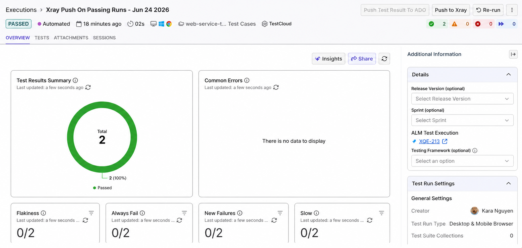 Execution Overview page with Push to Xray button