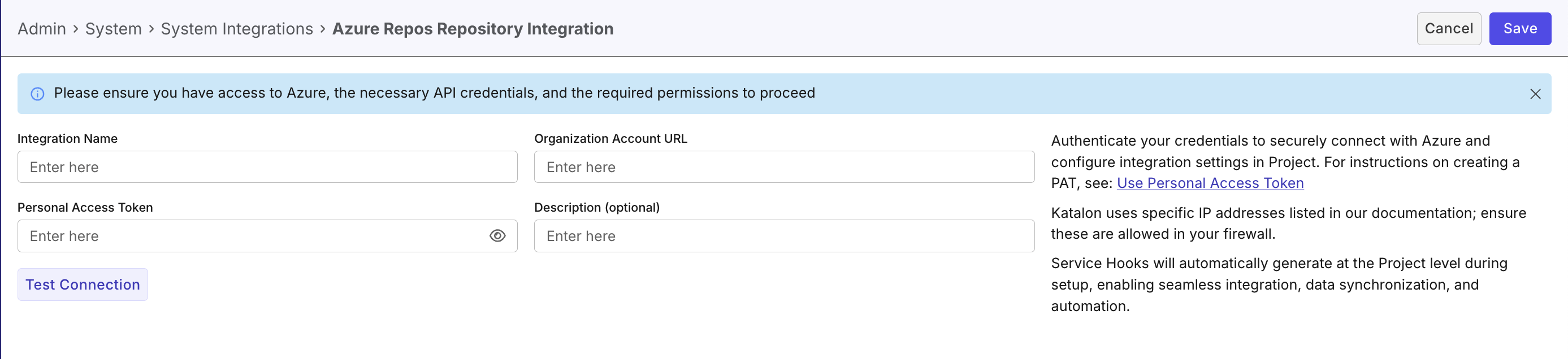 Azure Repos integration fields account level