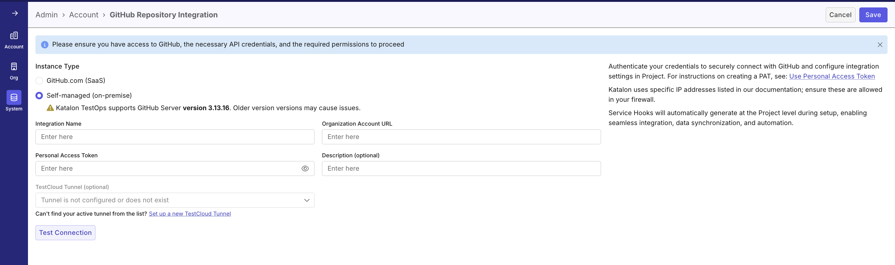 Filling in required fields in System Integration UI