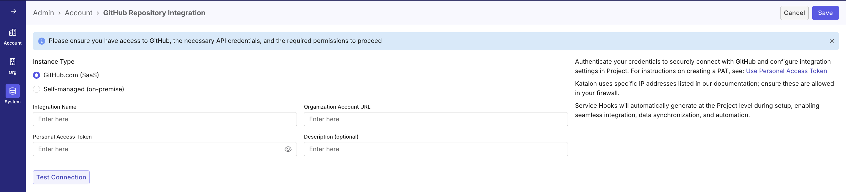 Filling in required fields in System Integration UI
