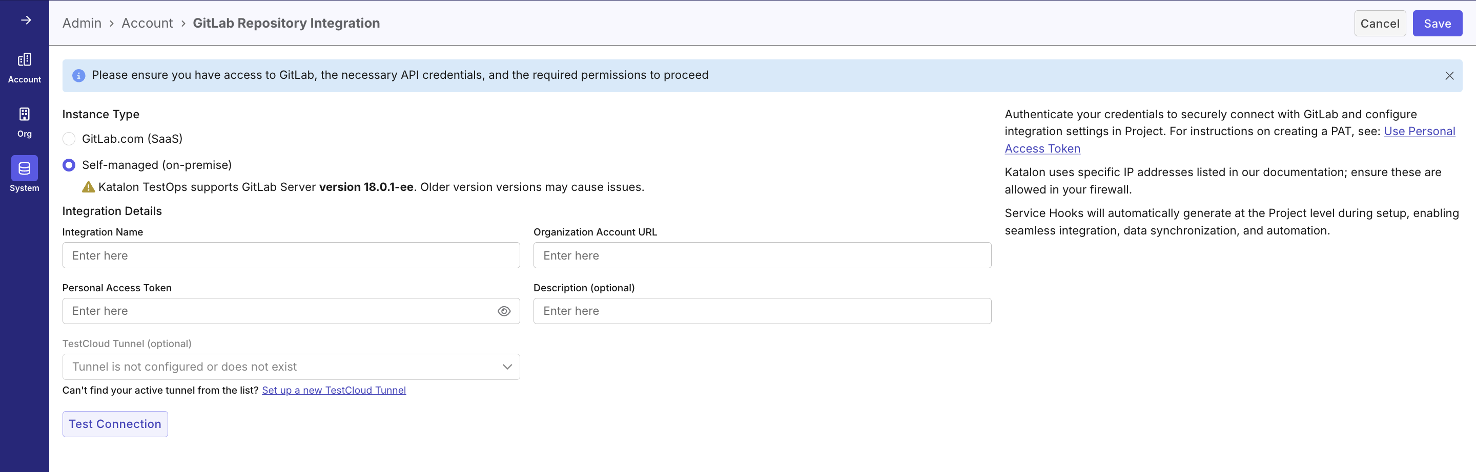 Filling in required fields in System Integration UI