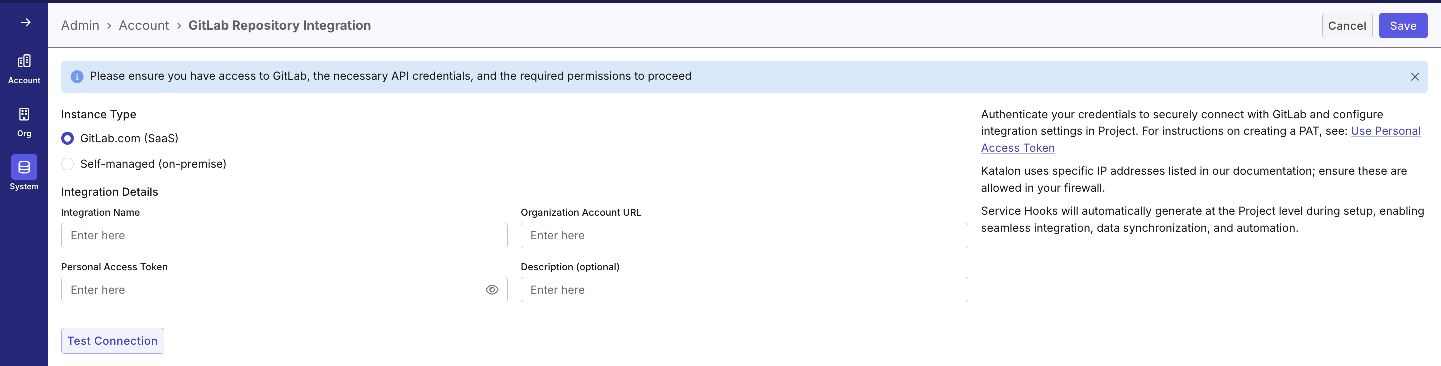 Filling in required fields in System Integration UI