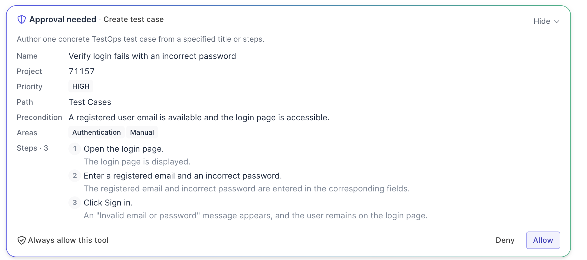 Approval needed card for Create test case with details expanded