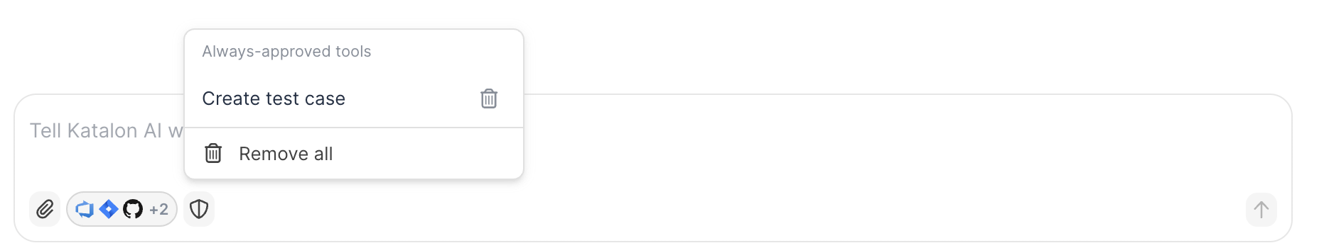 Always-approved tools panel listing Create test case with a bin icon and Remove all