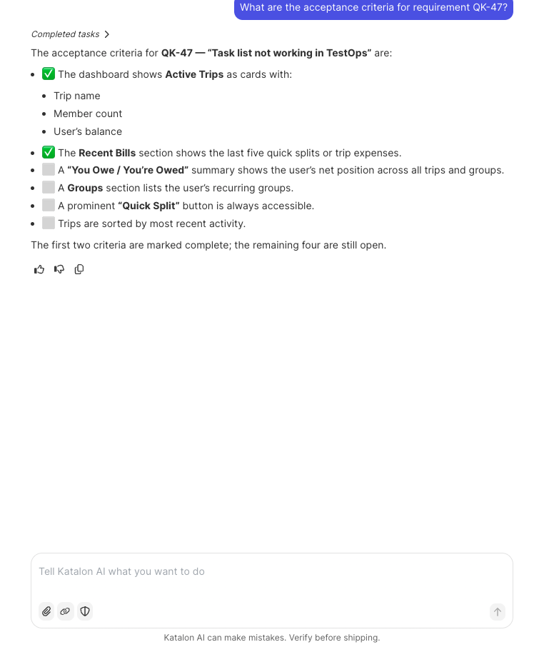 Katalon AI lists the acceptance criteria of a requirement