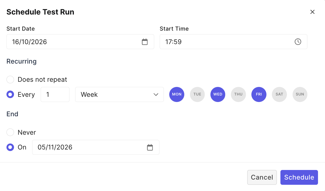 Schedule Test Run dialog