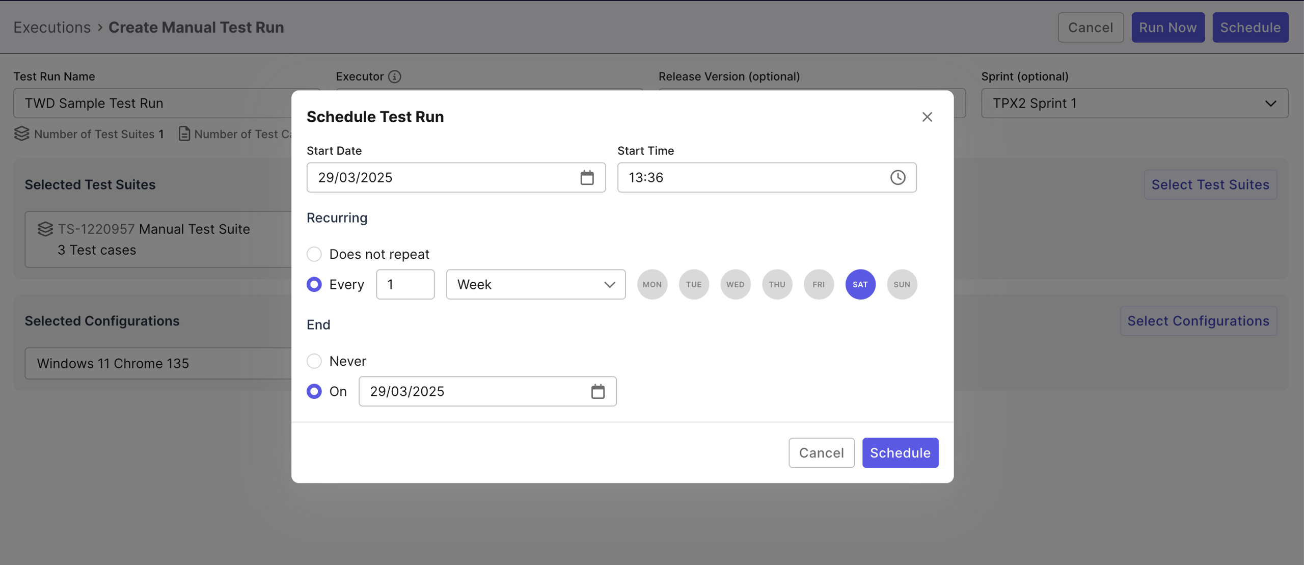 Schedule Test Run dialog