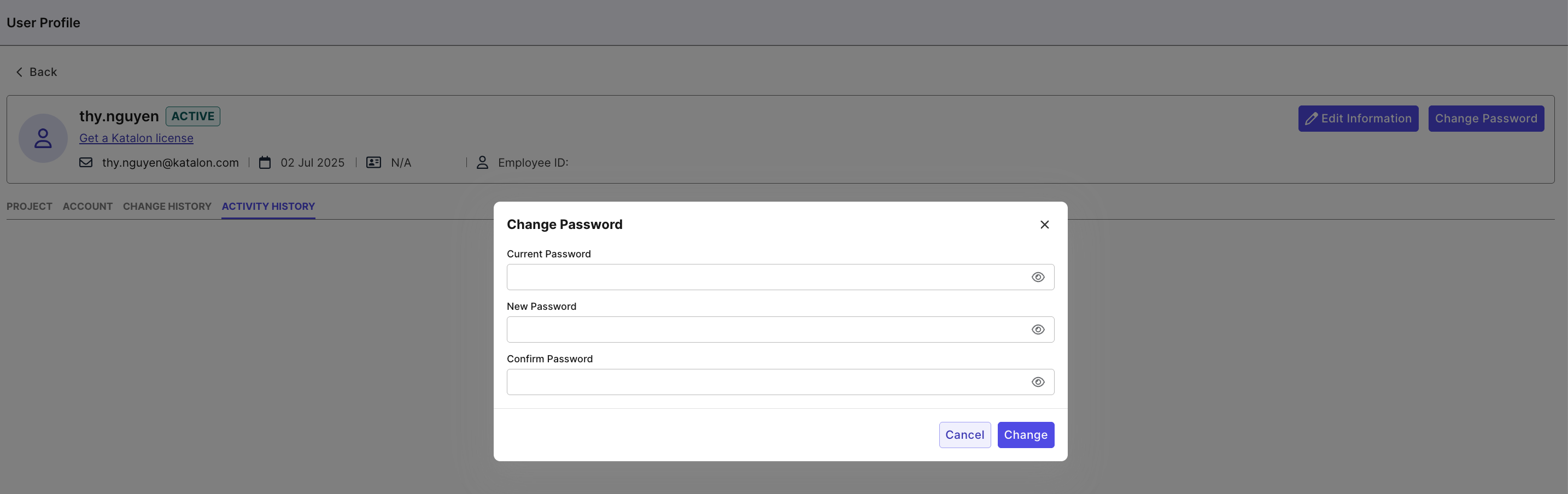 Change Password screen