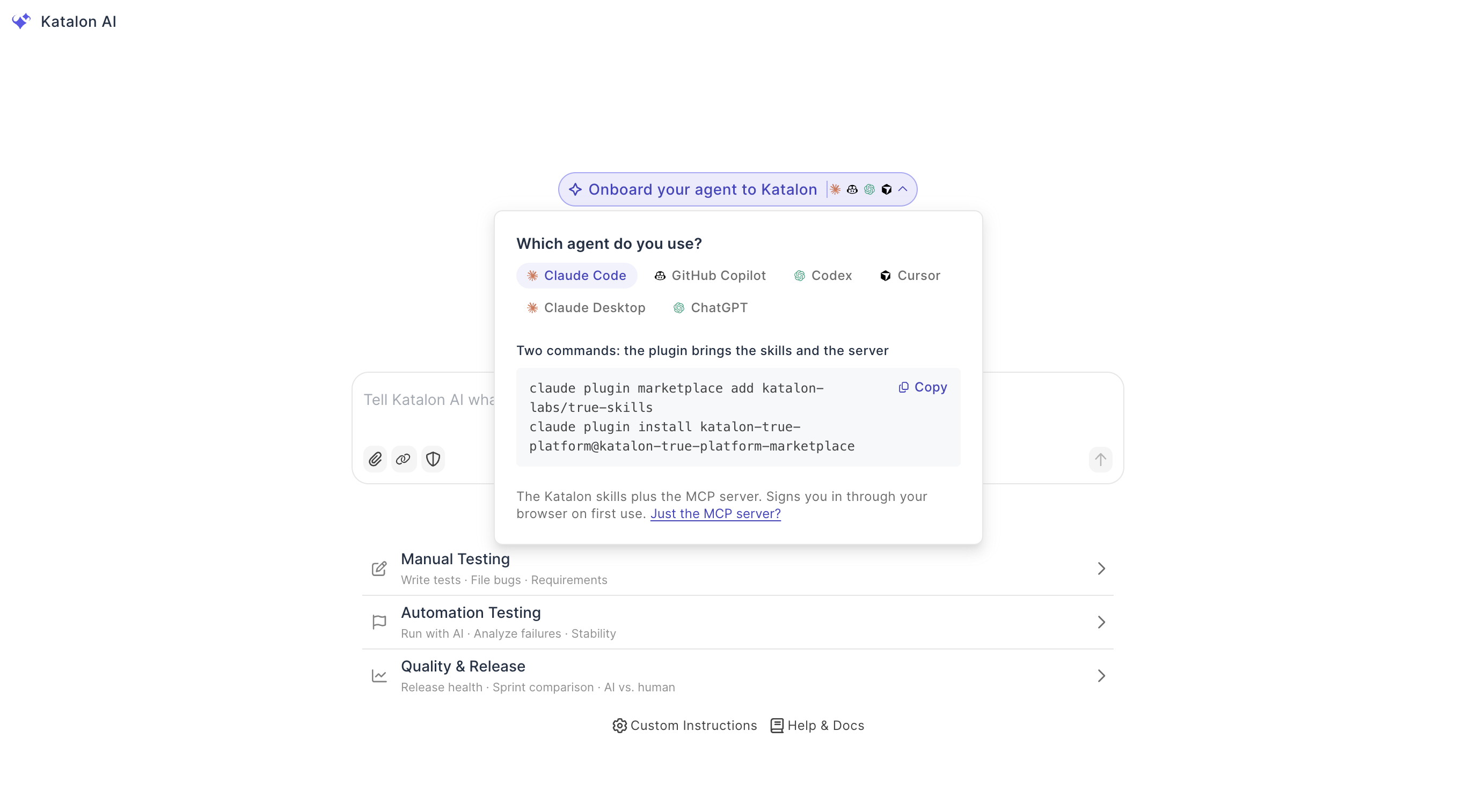 Select AI Agent in Katalon chat