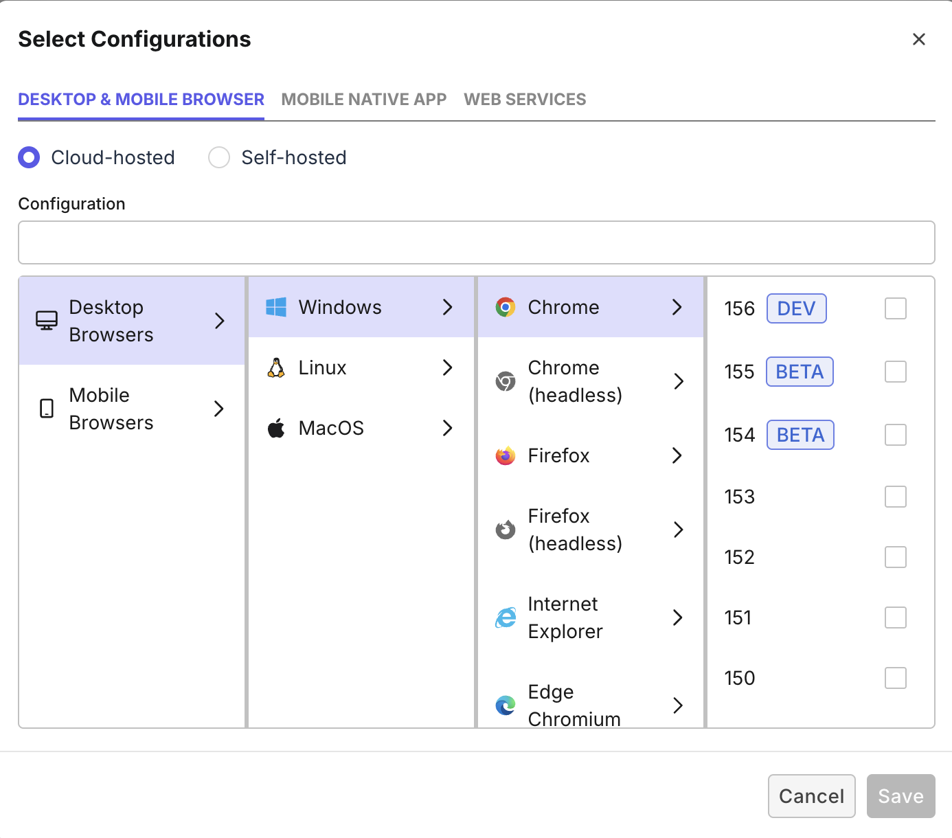 Select Configurations dialog with the Desktop & Mobile Browser, Mobile Native App, and Web Services tabs