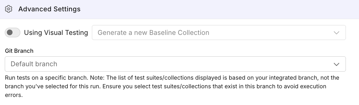 Branch dropdown in the Advanced Settings panel