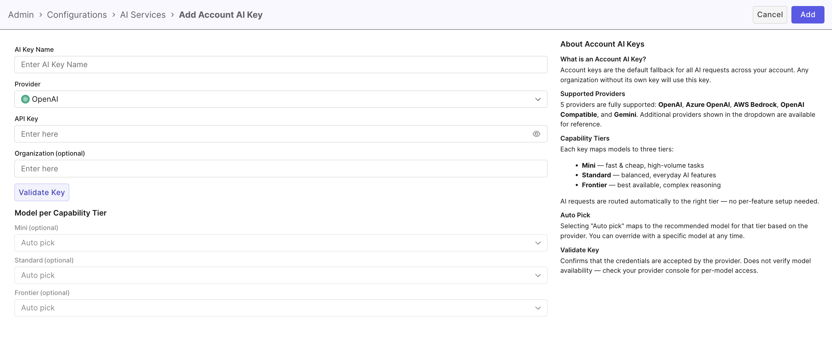 Add Account AI Key page with provider credentials and model per capability tier fields