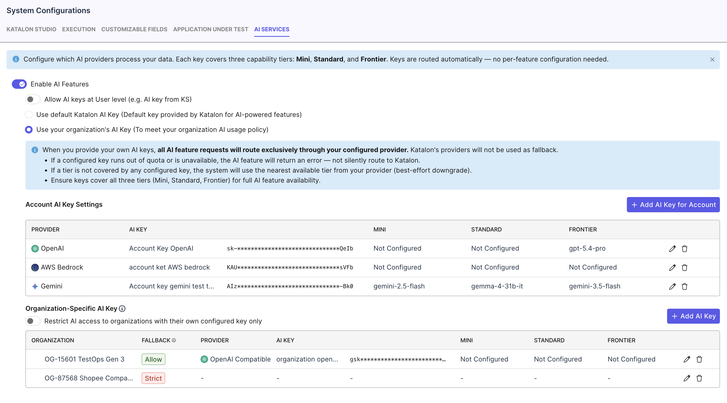 AI Services configuration page