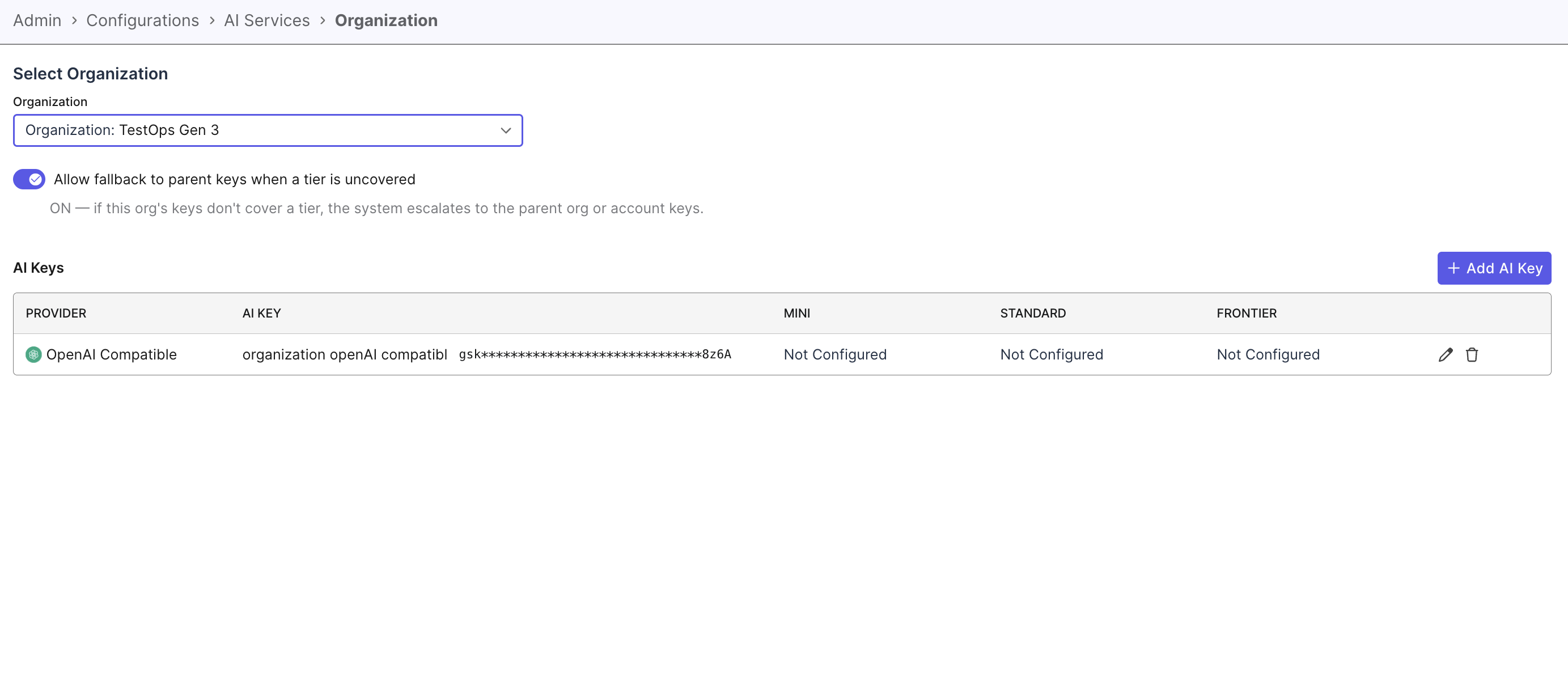 Organization AI services page with organization selector, fallback toggle, and AI Keys table