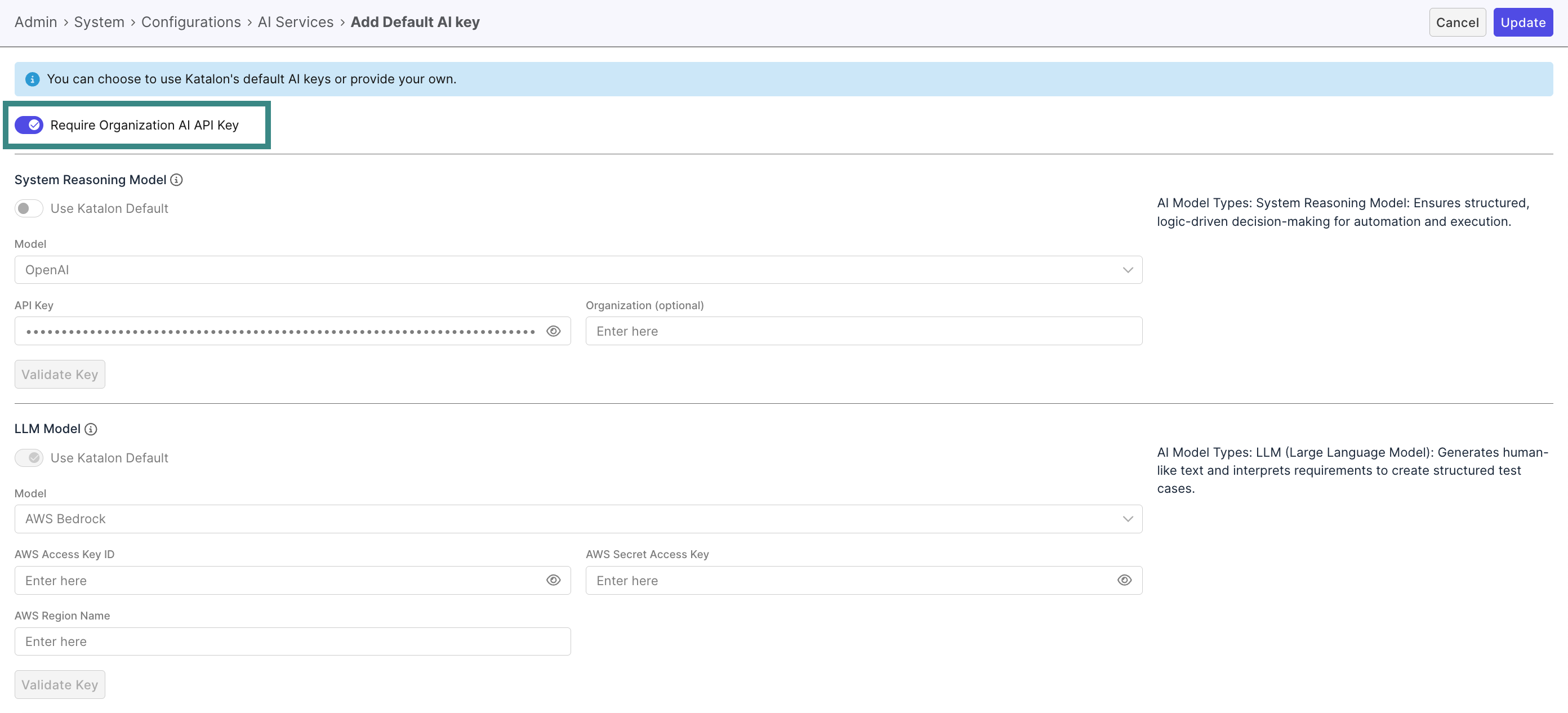 Toggle require organization ai api key - AI Services