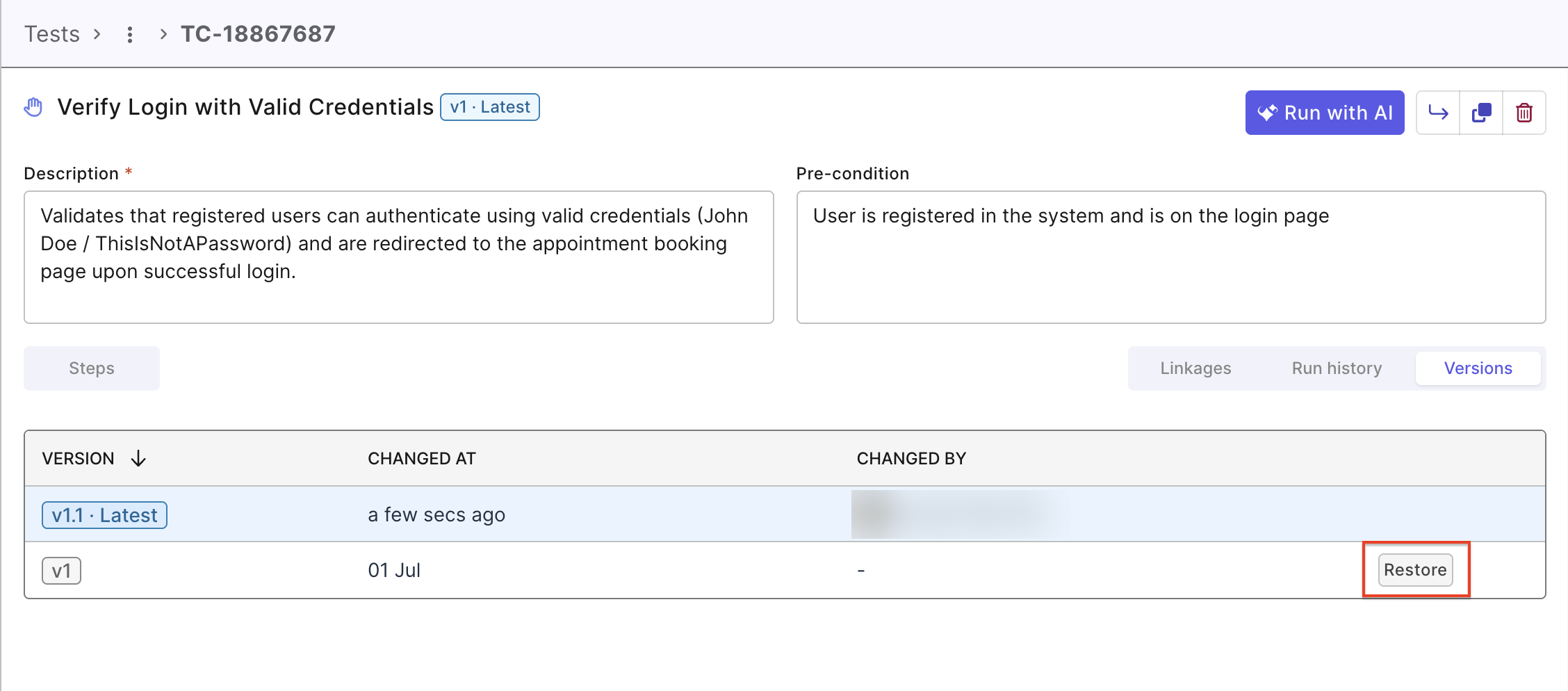 The Versions tab of a test case, with the Restore button shown on an older version