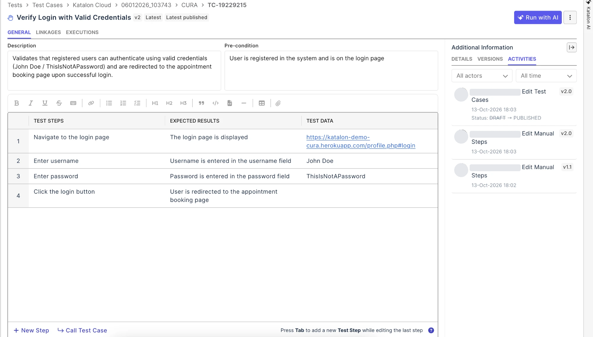 Activities tab with actor and date filters and entries showing actor, timestamp, change detail, and version chip