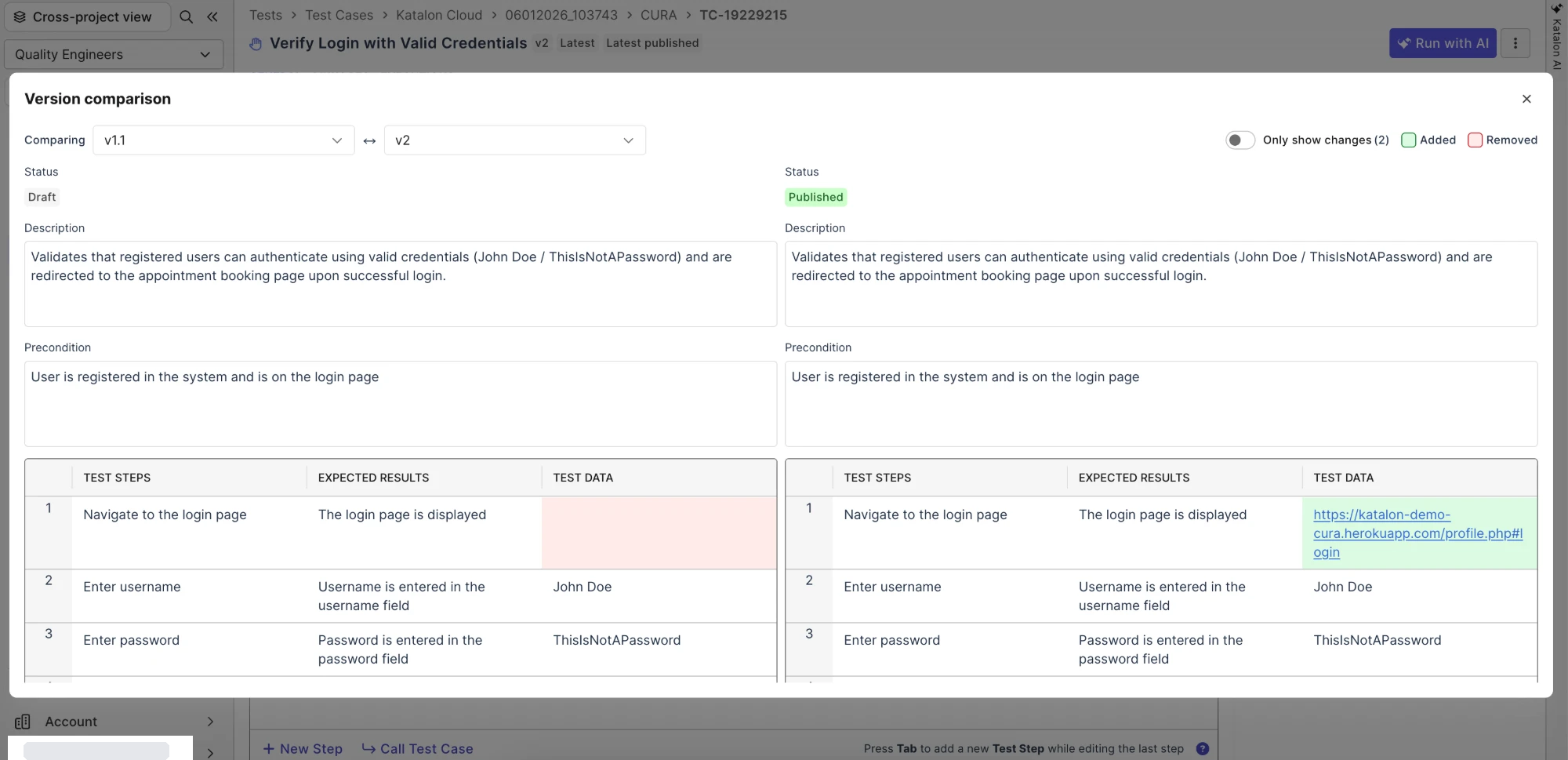 Version comparison dialog with two versions side by side, Added and Removed highlights, version dropdowns, and Only show changes toggle