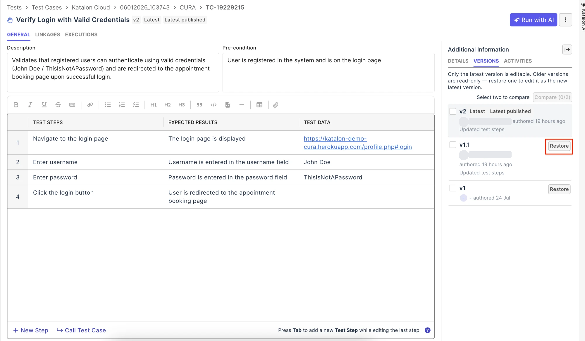 Versions tab with the Restore action on an earlier version