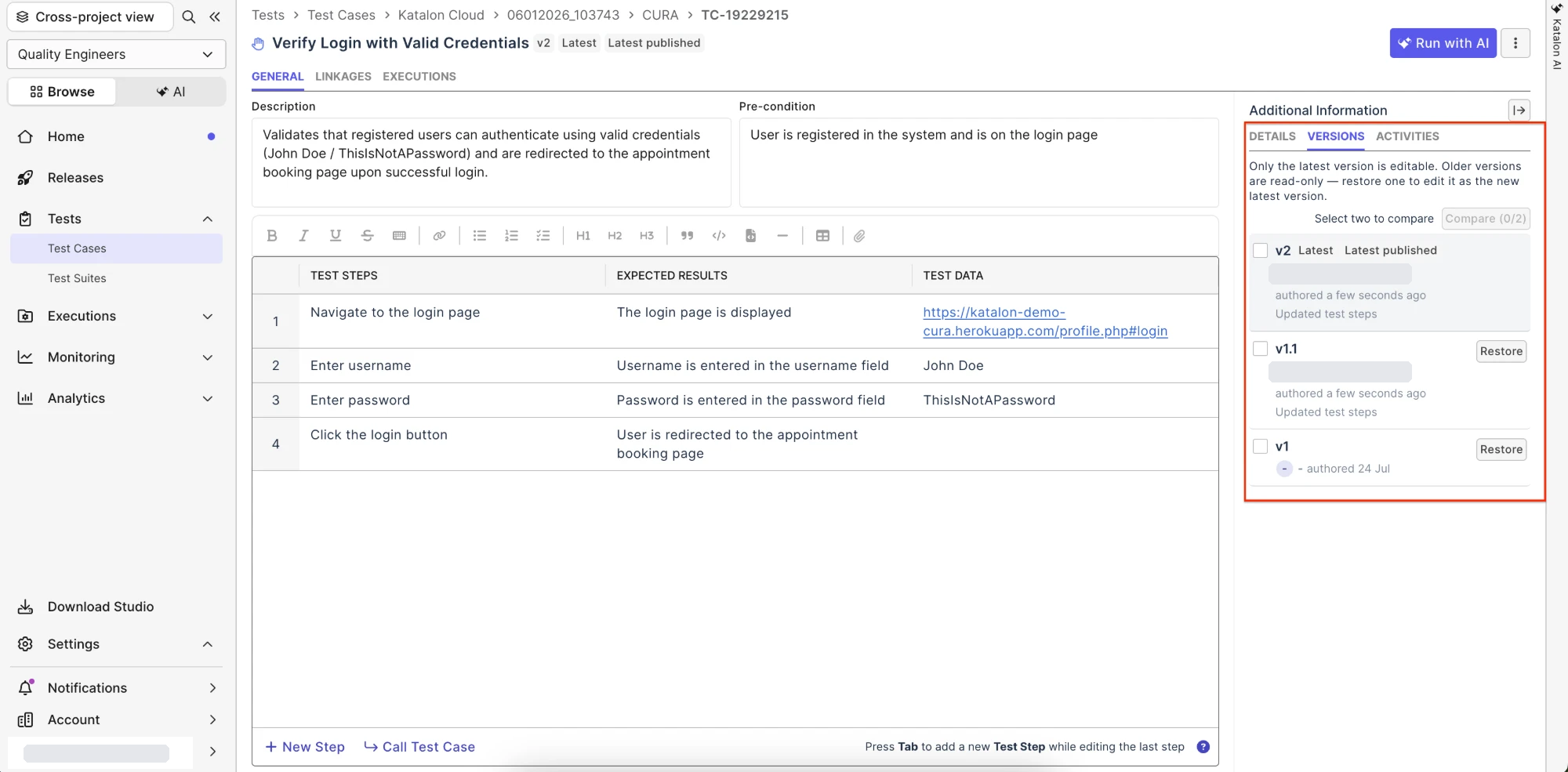 Versions tab with version cards showing state badges, author, change summary, source, and Restore actions