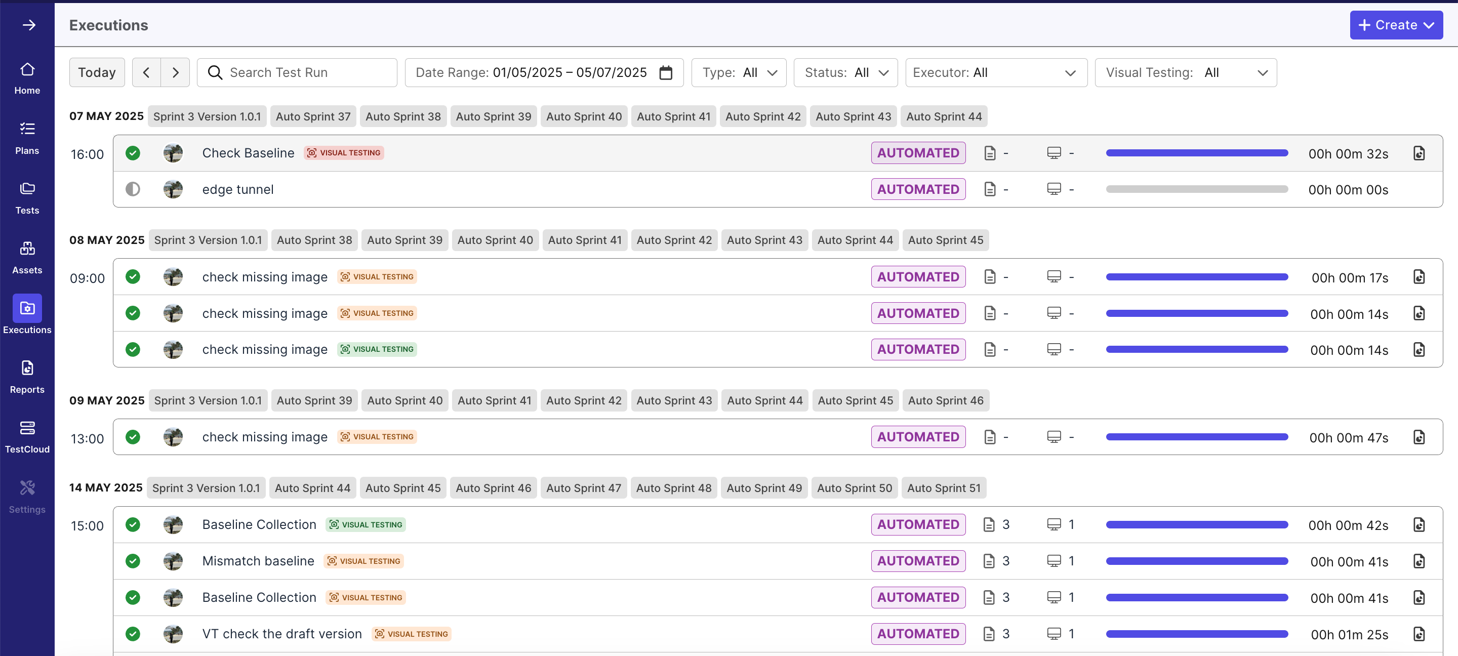 List of available test suite in Executions