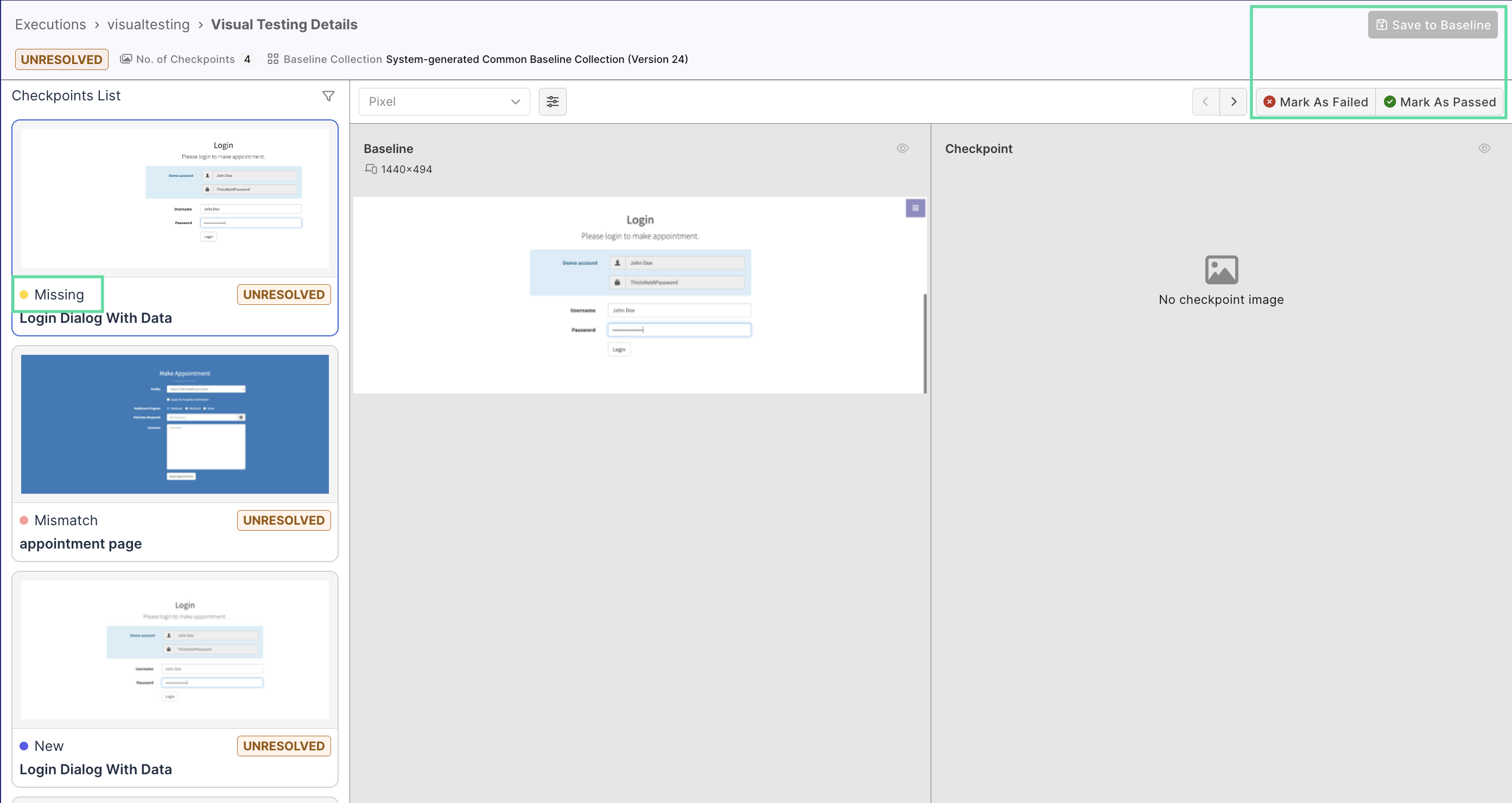 visual testing resolve missing