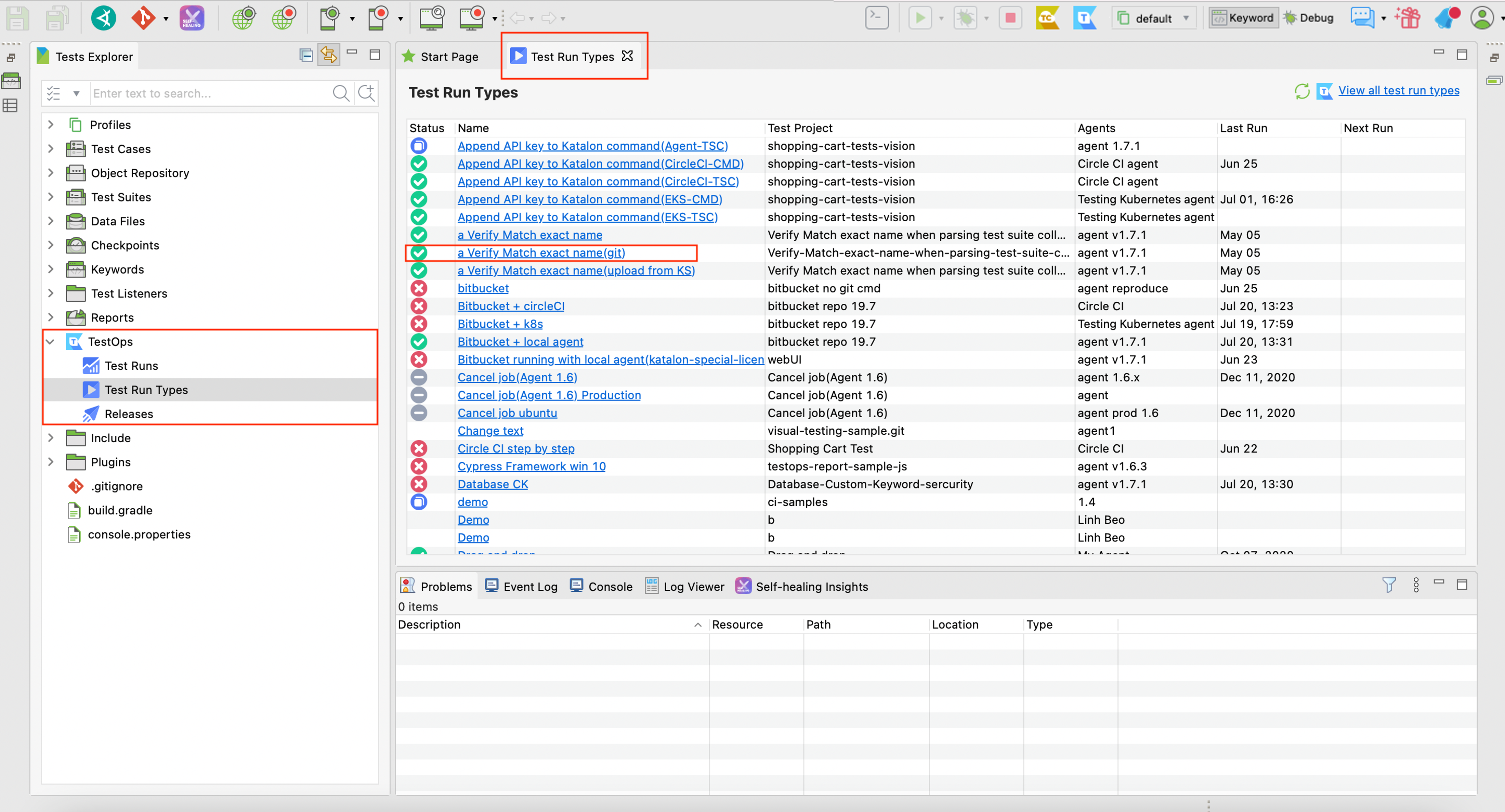 KS TestOps test run types screen