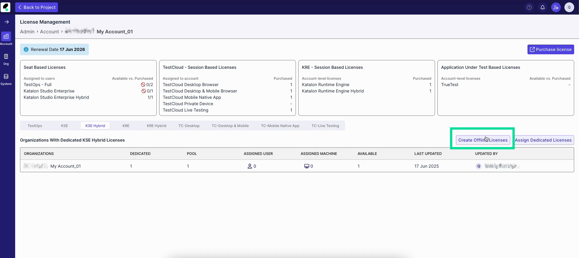 katalon studio log in with offline license button