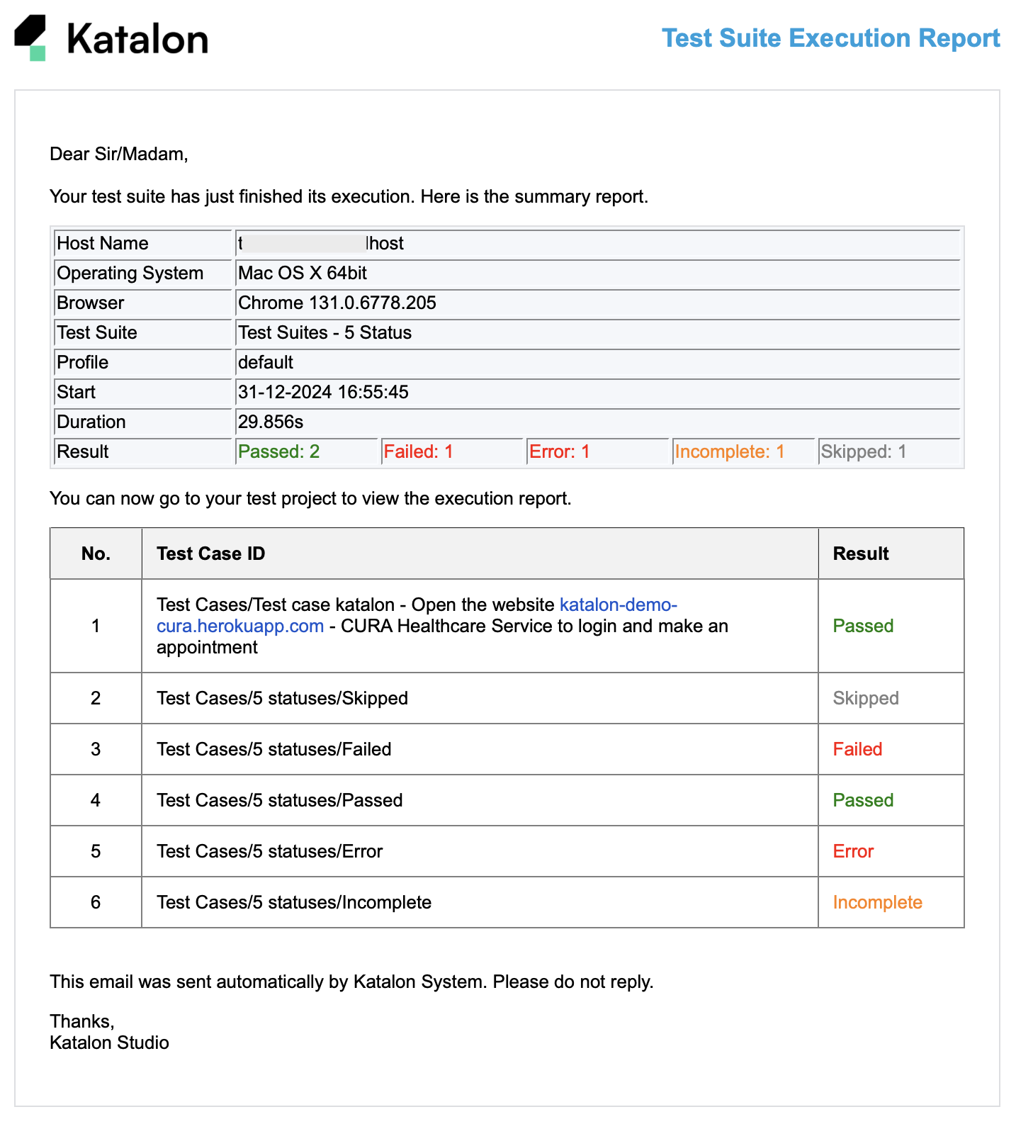 Example test case result table in email template