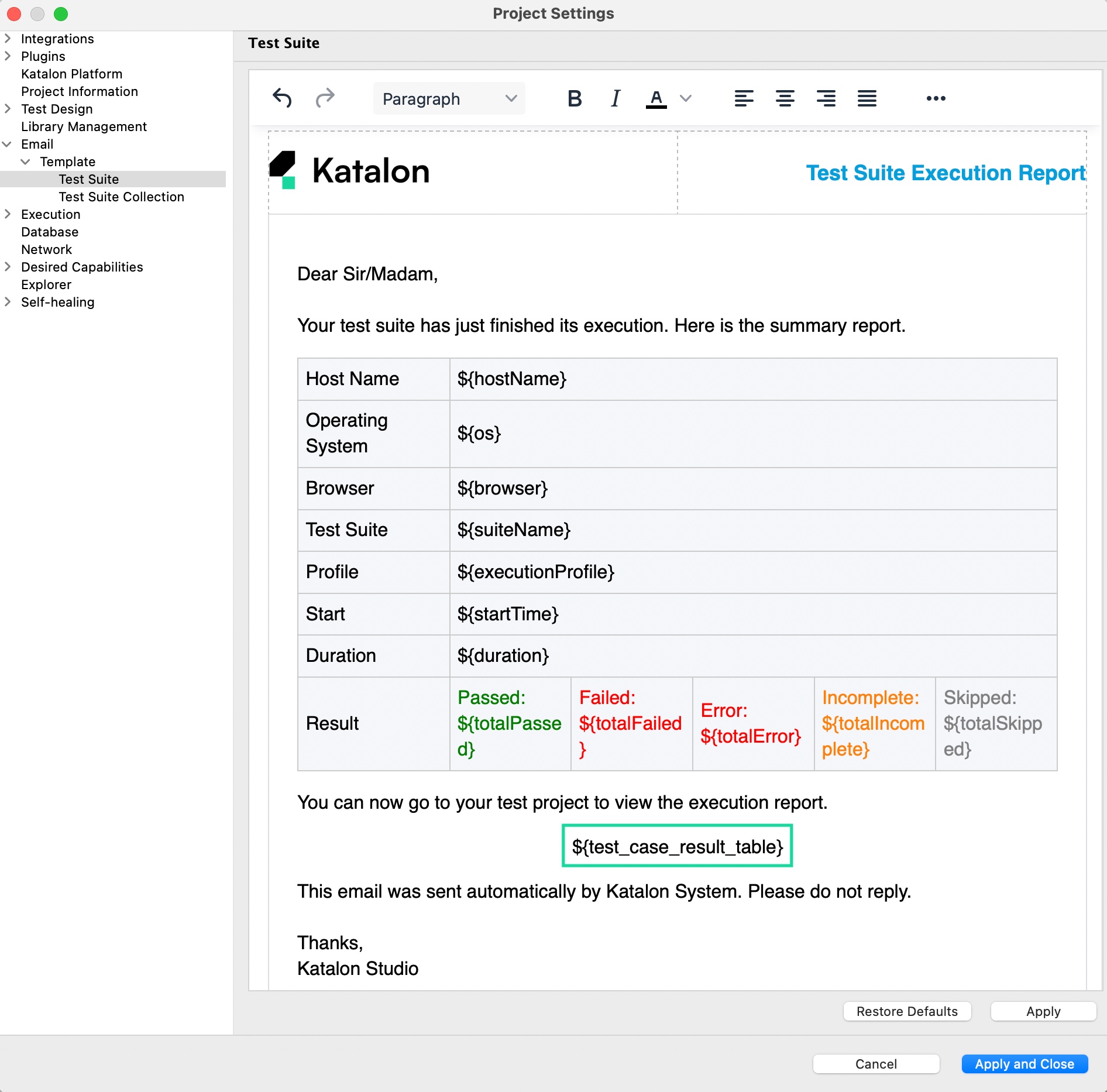 Example test case result table in email template