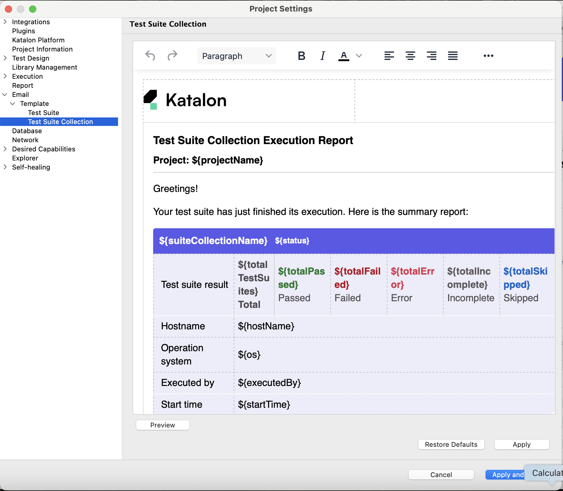 Customize Test Suite Collection email report from Test Suite settings