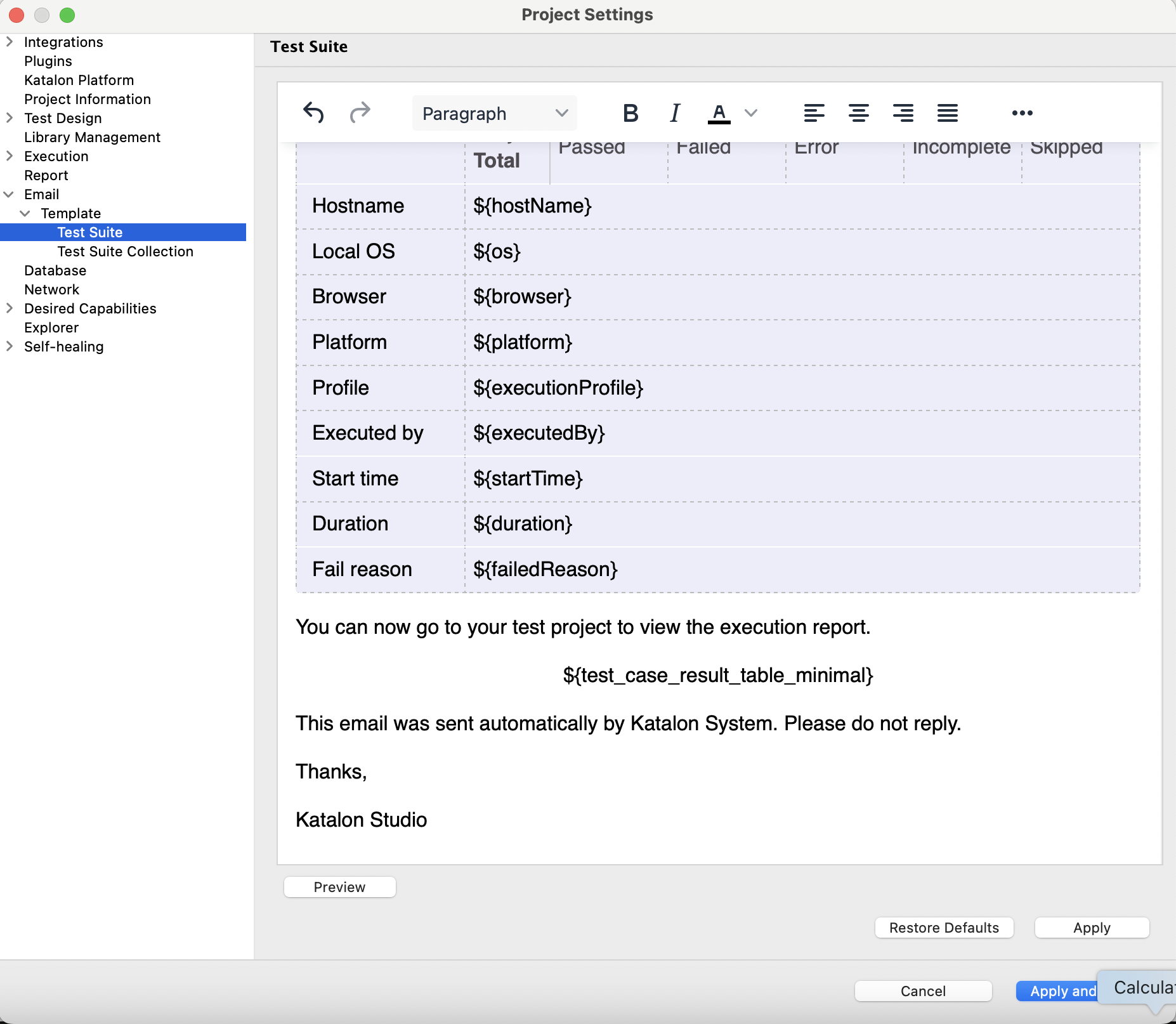 Customize Test Suite email report from Test Suite settings