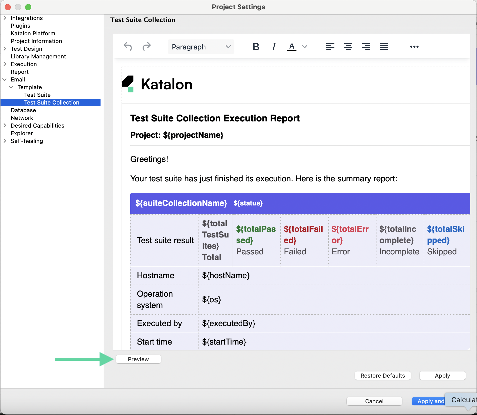 View a preview of the Test Suite Collection Execution email report