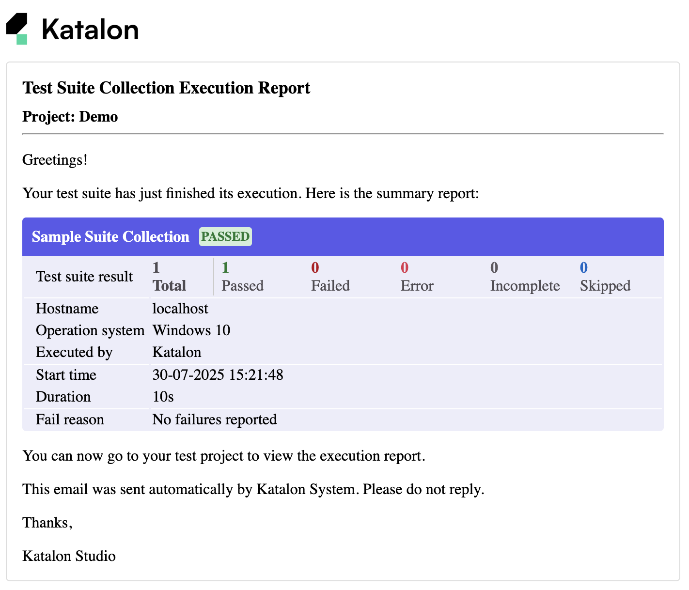 Sample Test Suite Collection Execution email report