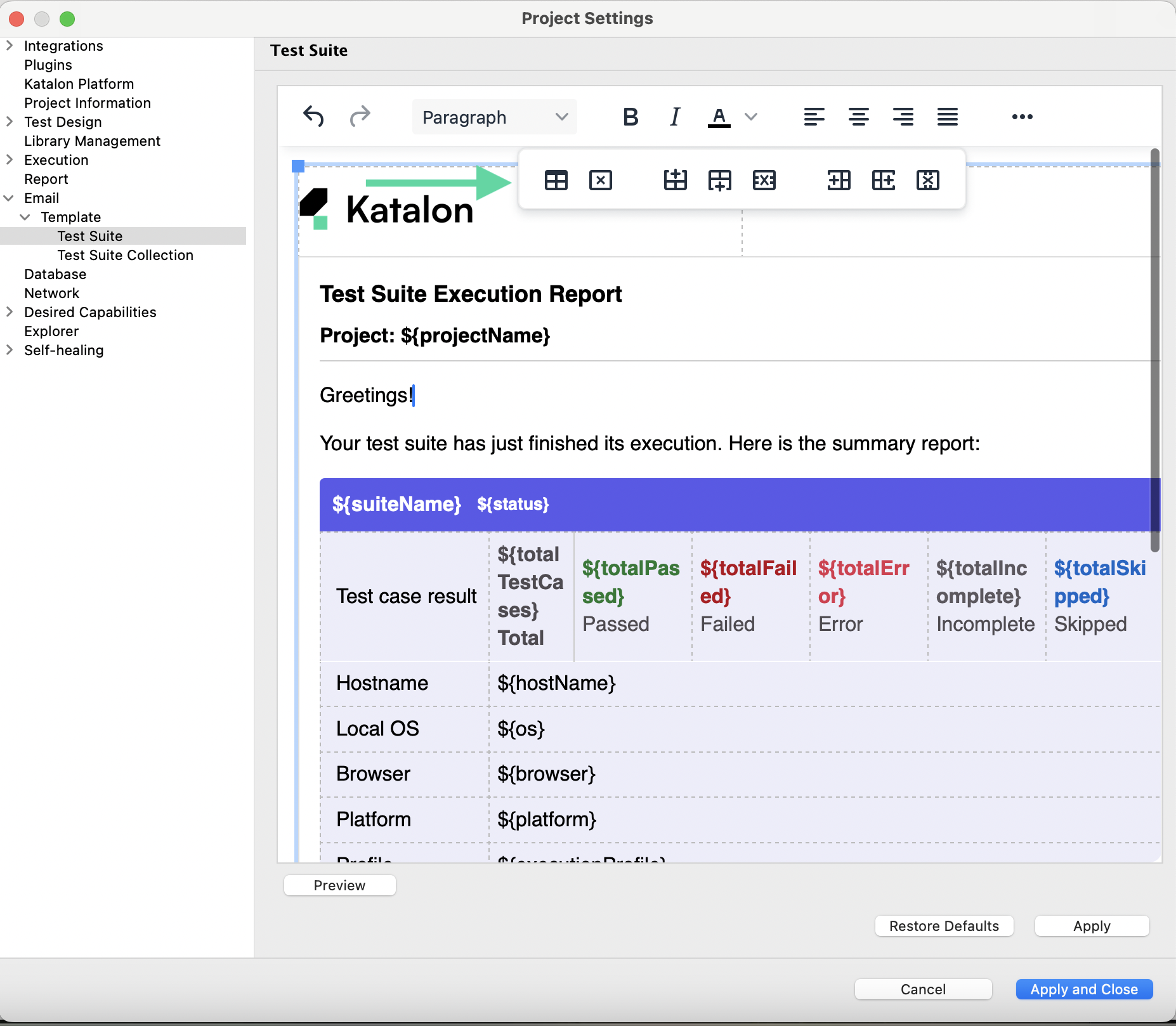 Edit Test Suite email report using quick menu