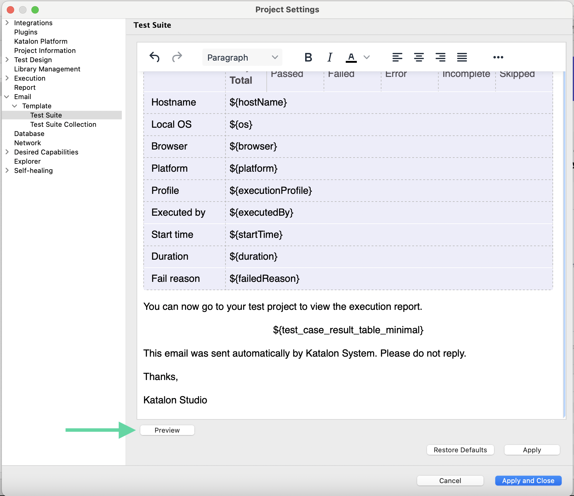 View a preview of the Test Suite Execution email report