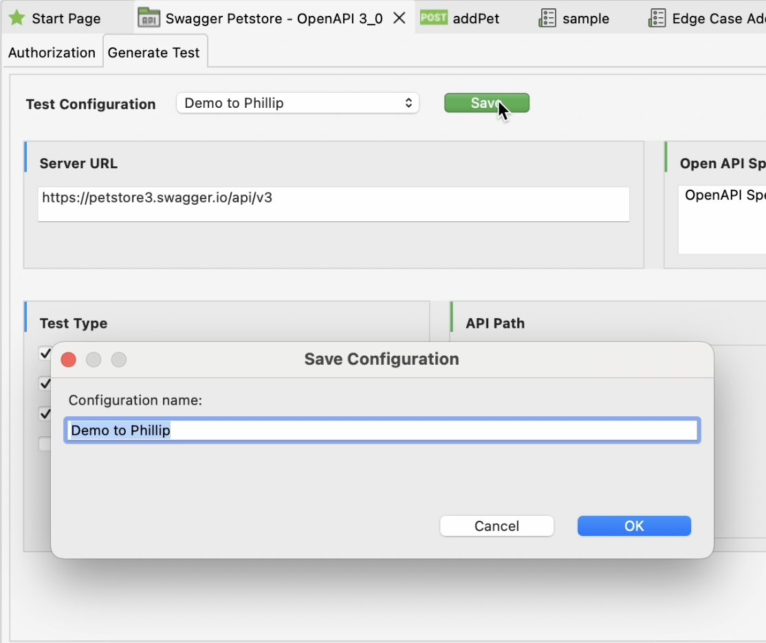 ai generated api test save configuration feature