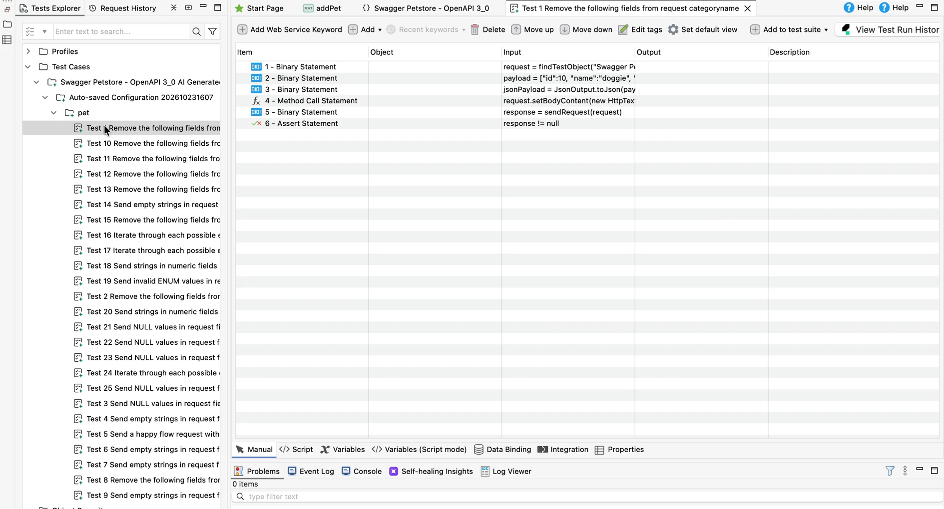 Generated test cases in Tests Explorer with one test case open