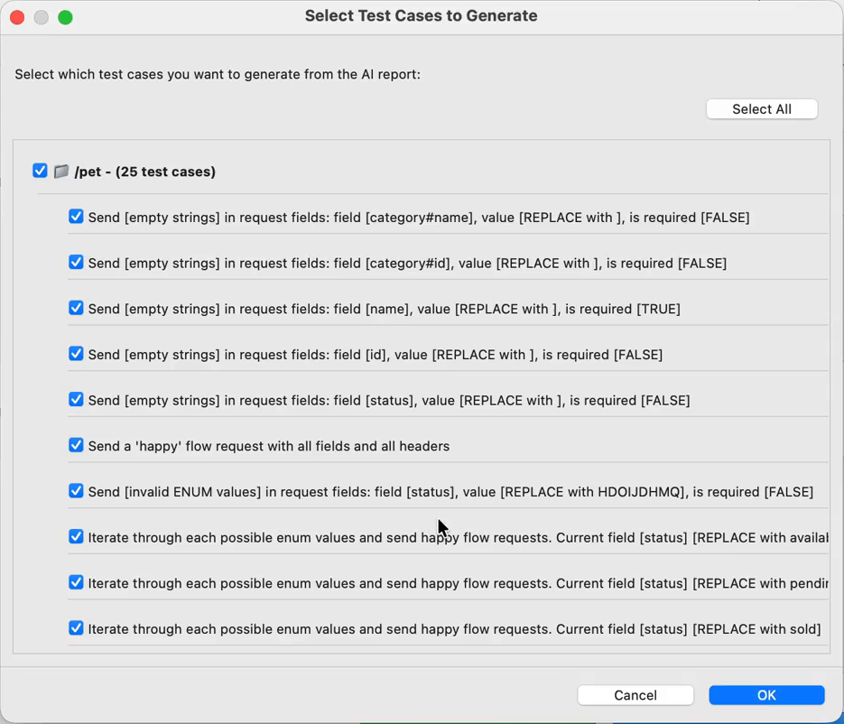 Select Test Cases to Generate dialog with all test cases selected