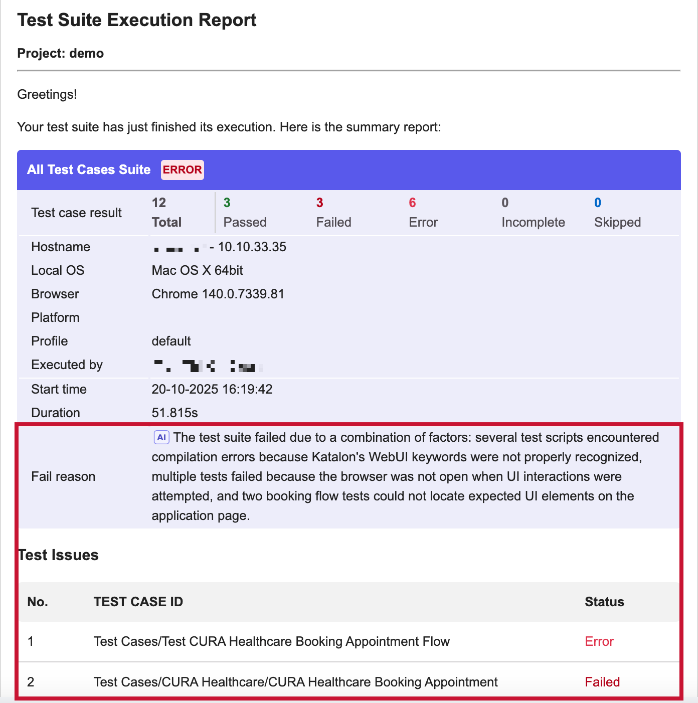 AI Failure Analysis in Reports | Katalon Docs