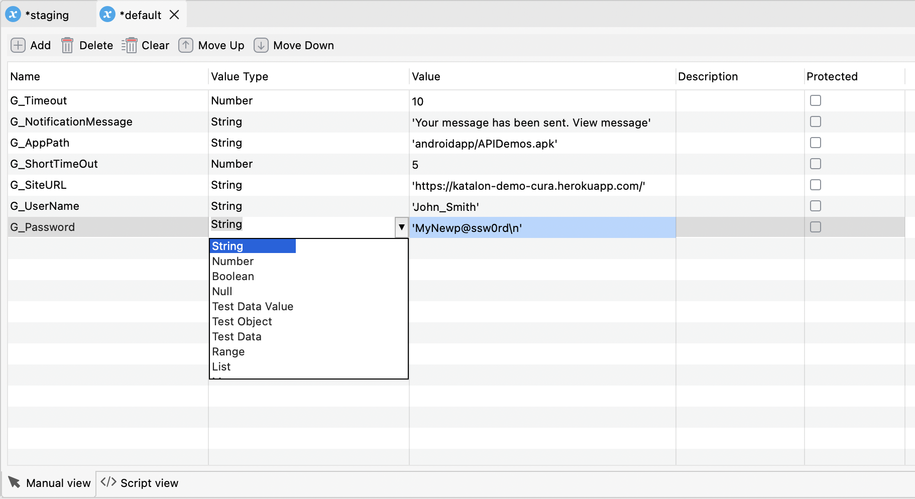Select variable parameter from dropdown