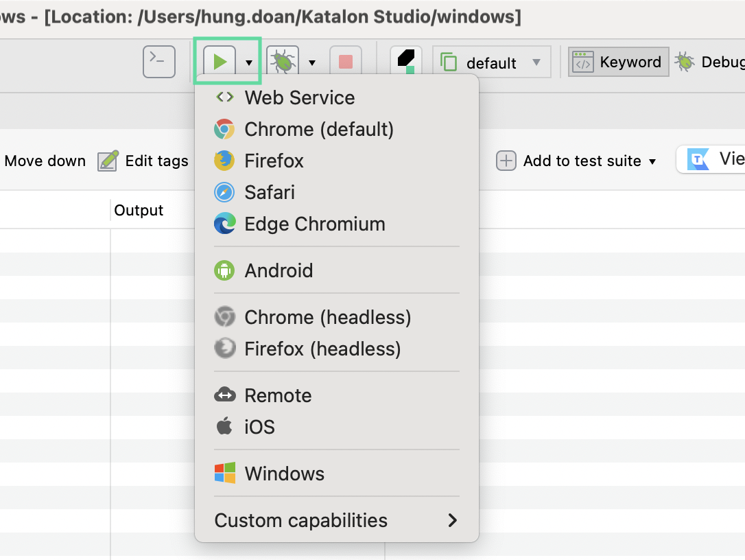 test suite execution information in Katalon Studio