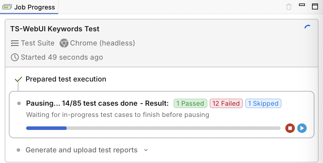 Job Progress with a test suite job in the Pausing state, showing Waiting for in-progress test cases to finish before pausing and the resume icon