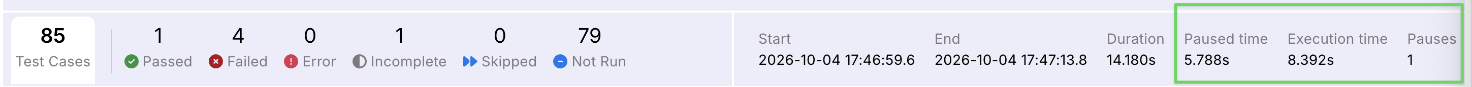 Test suite report summary with Start, End, Duration, Paused time, Execution time, and Pauses