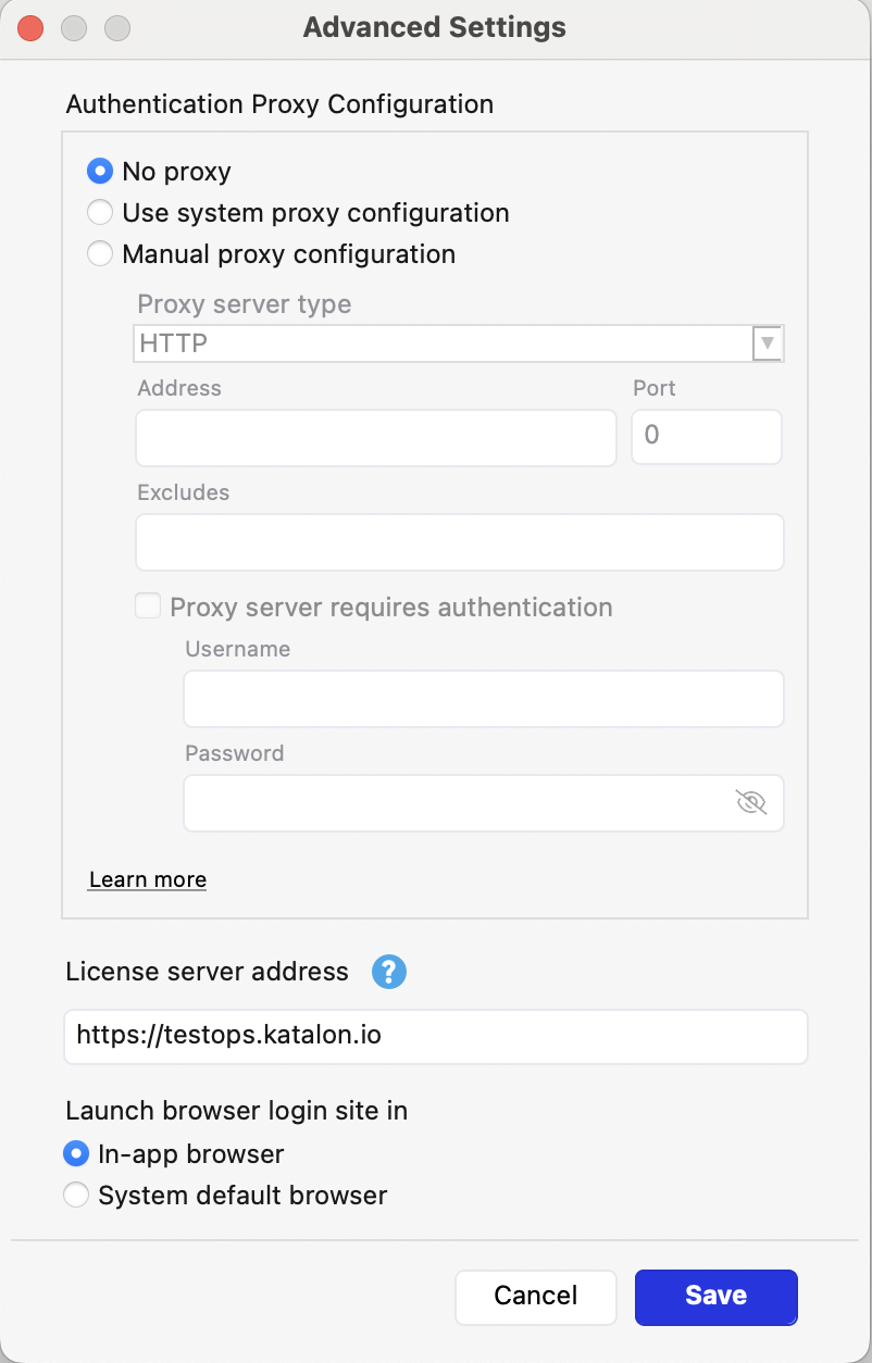 Katalon Studio Login Advanced Settings