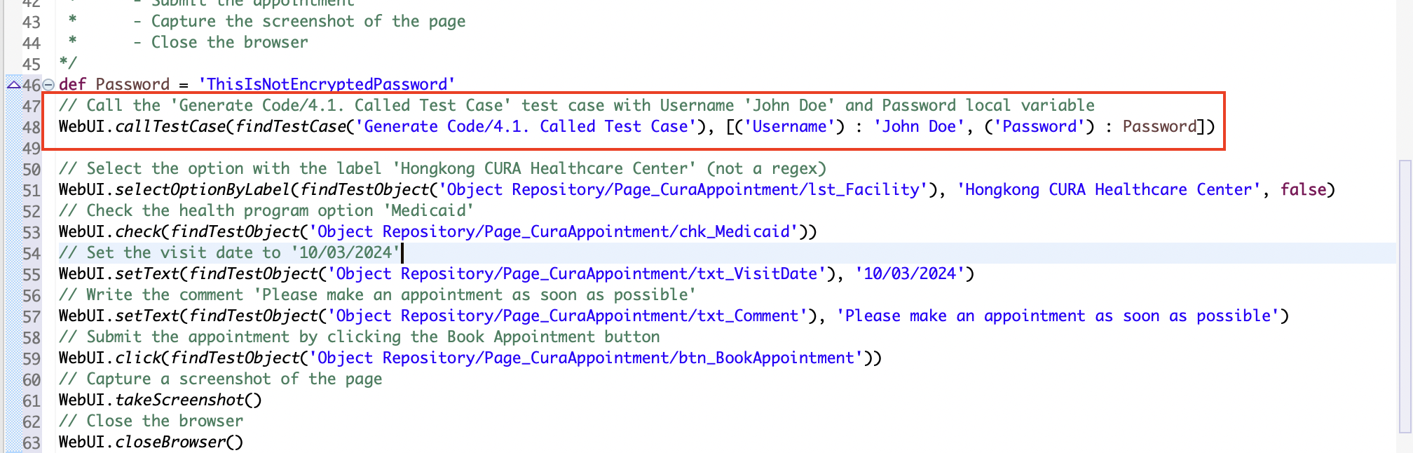 The generated code with a Call test case step in Katalon Studio