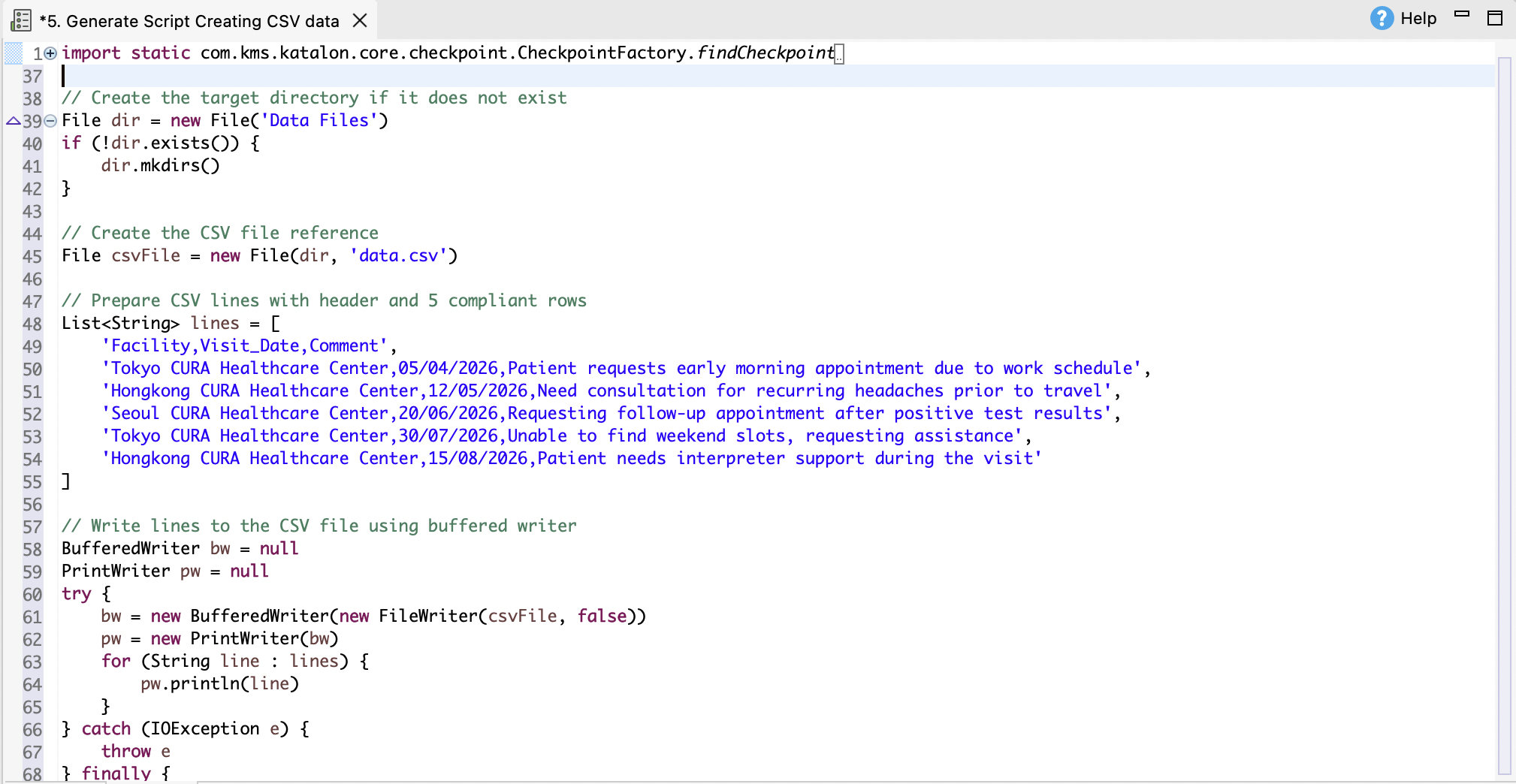 The test script that creates a CSV data file generated by Katalon AI Assistant