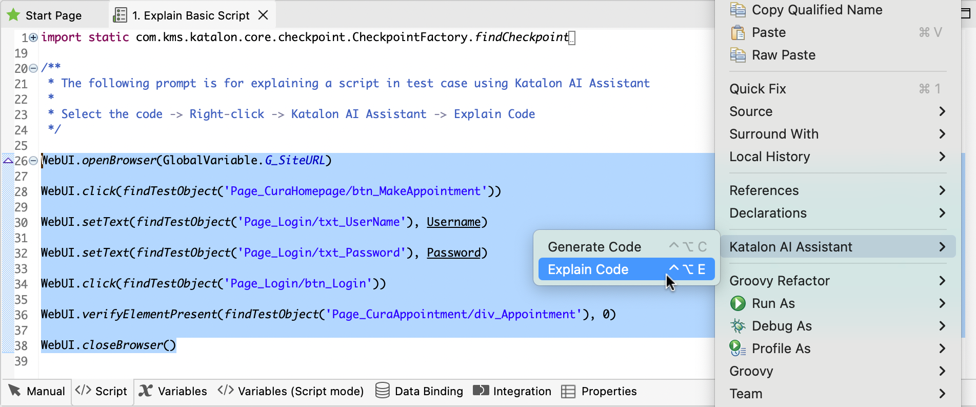 The Explain Basic Script test case in Katalon AI Assistant sample project