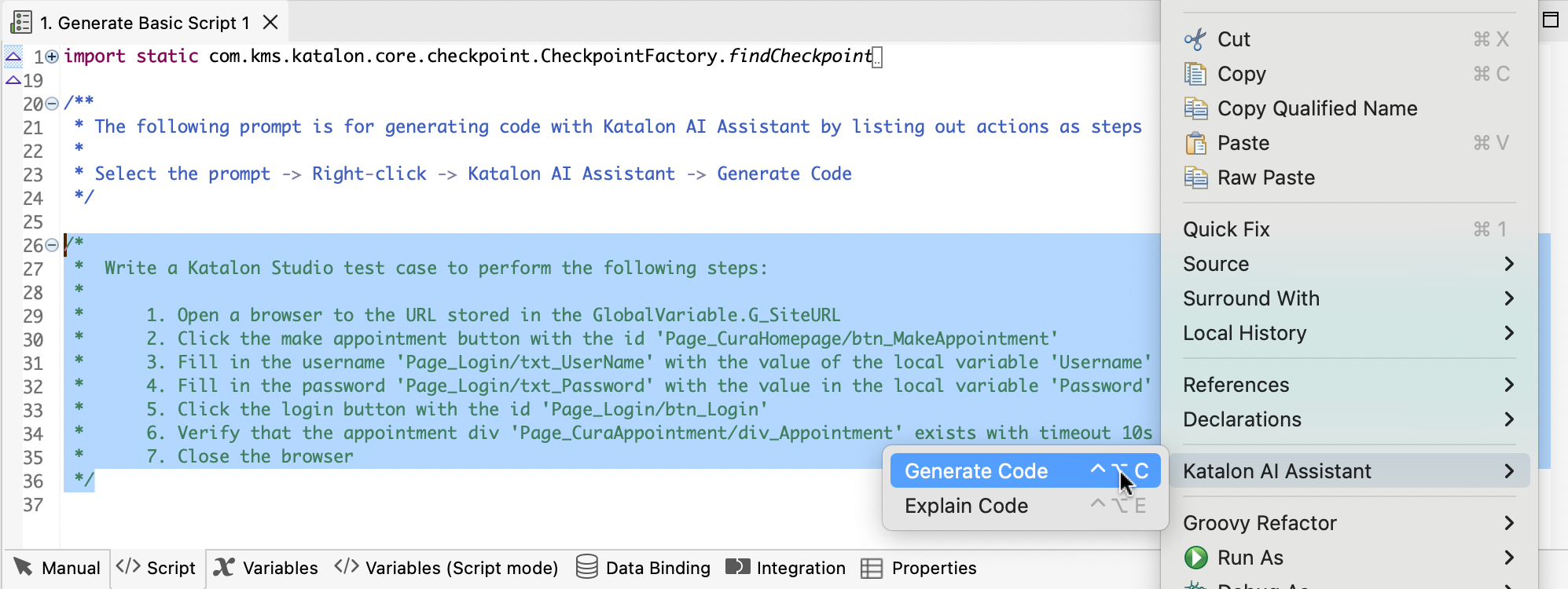 Generate code from selected prompt of the test case