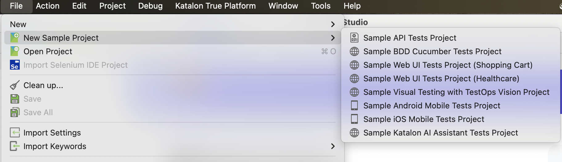 The New Sample Katalon AI Assistant Test Project option.